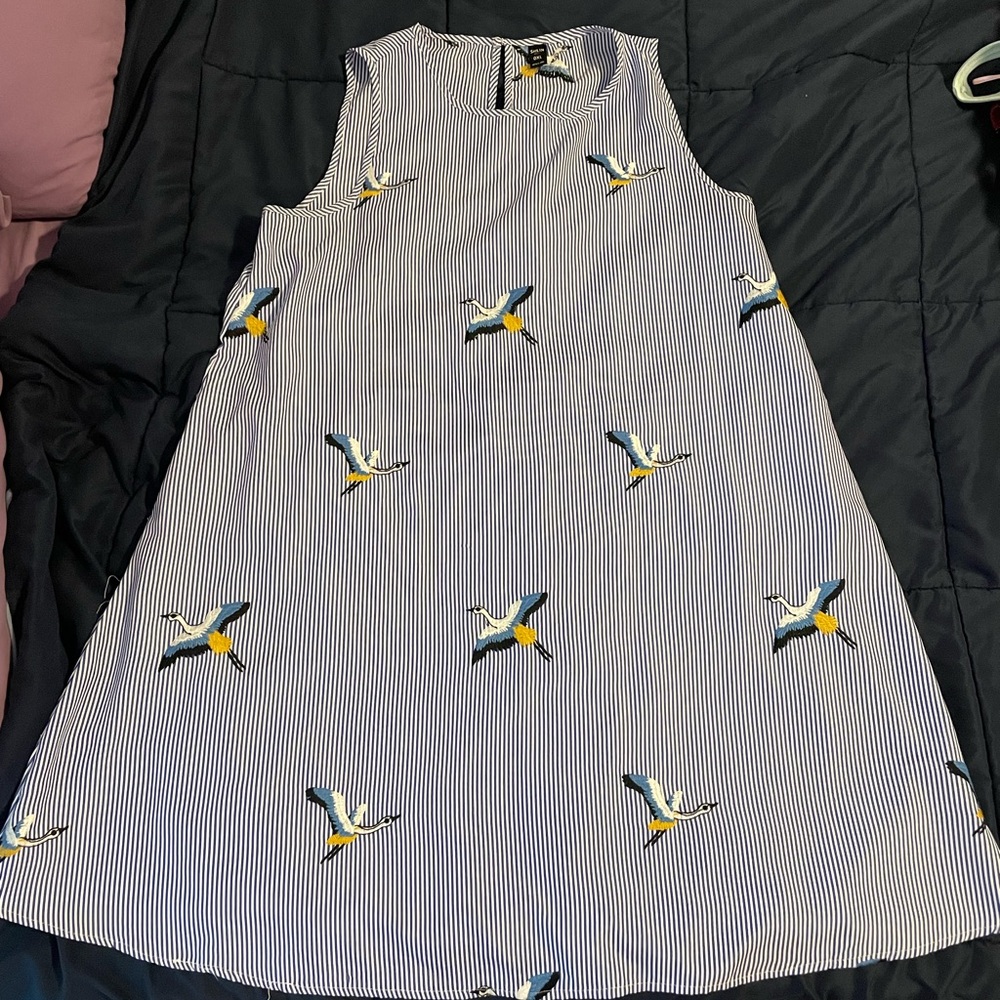 SHEIN Blue Striped Mini Dress with Bird Print